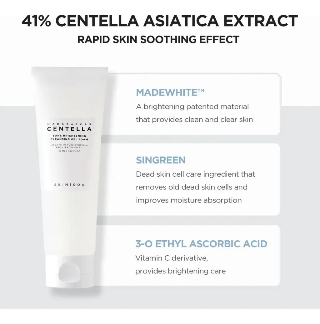 SKIN1004 Tone Brightening Cleansing Gel Foam packaging with Centella Asiatica extract benefits.