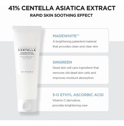 SKIN1004 Tone Brightening Cleansing Gel Foam packaging with Centella Asiatica extract benefits.